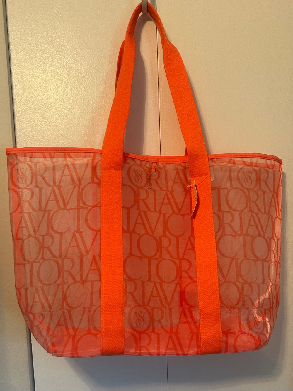NEW Victoria’s Secret Neon Coral Orange Mesh Logo Beach Tote Bag - NWT